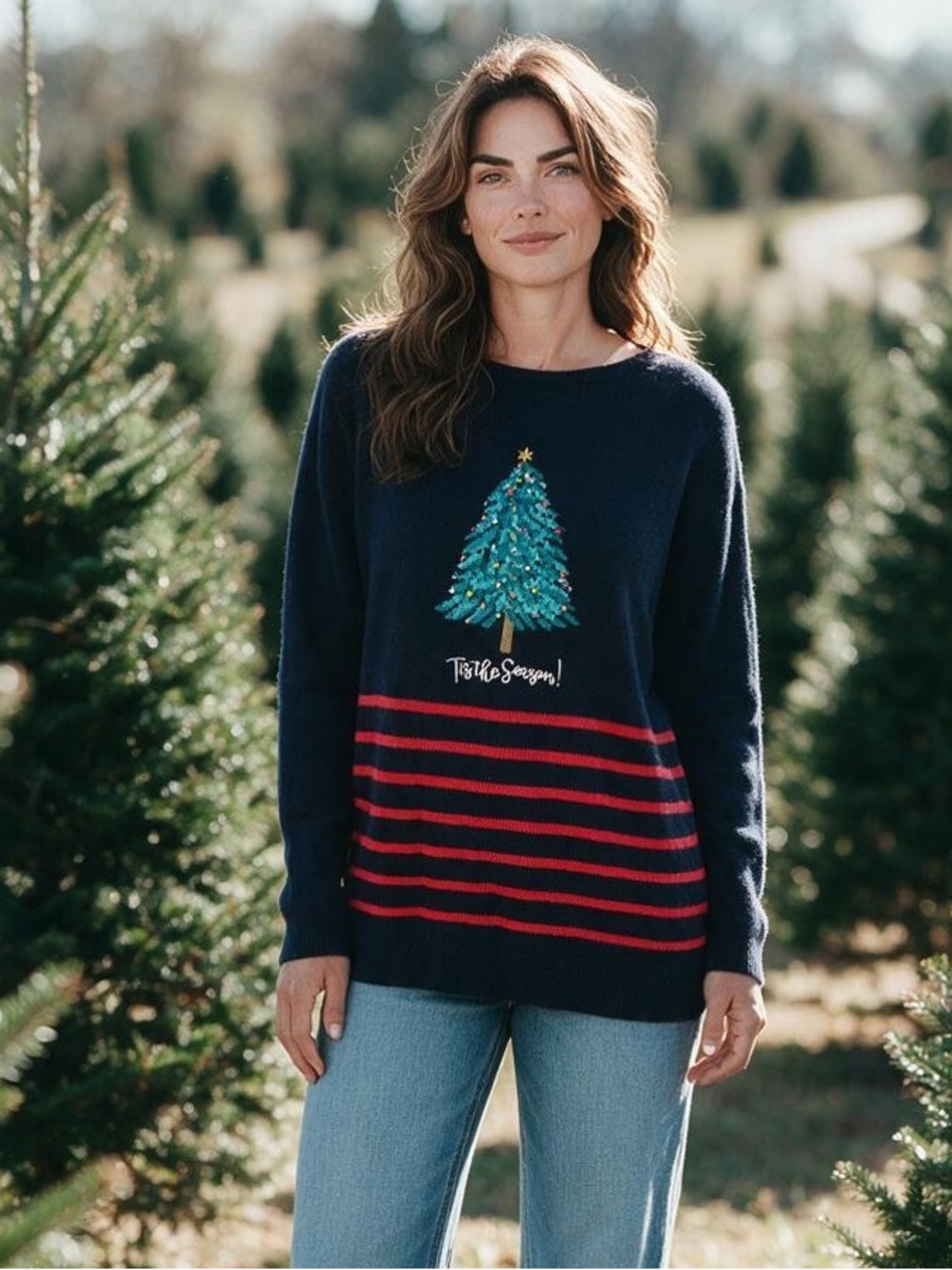 TALBOTS FESTIVE CHRISTMAS TREE SWEATER NAVY BLUE & RED STRIPES MEDIUM HOLIDAY